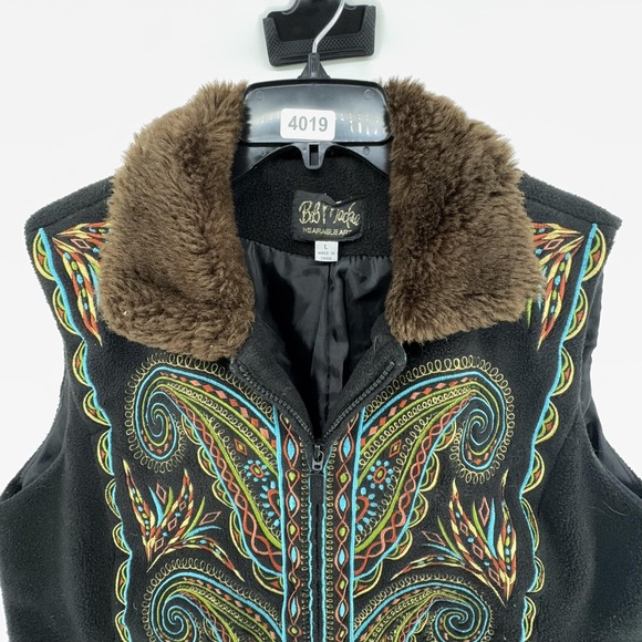 Bob Mackie Vest Womens Large Black Fleece Paisley Embroidered Faux Fur Boho - Picture 6 of 10